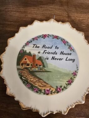 Vintage Decorative Plate with Cottage Scene and Sentiment - Pink Floral